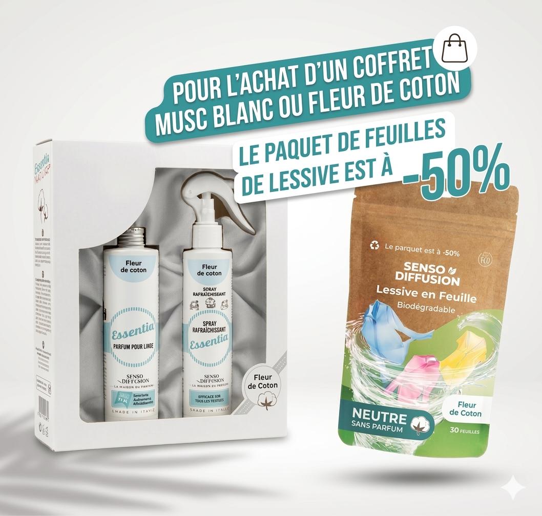 OFFRE DE PRINTEMPS : Pour l'achat d'un coffret MUSC BLANC ou FLEUR DE COTON, <p><u>le paquet de FEUILLES DE LESSIVE est à -50%</p></u>
