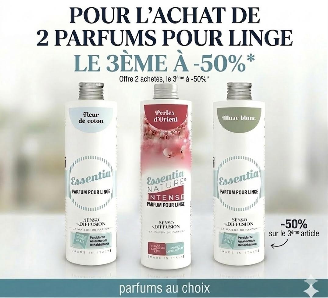OFFRE DE PRINTEMPS : pour l'achat de 2 PARFUMS POUR LINGE, <p><u>le 3ème à -50%</p></u>