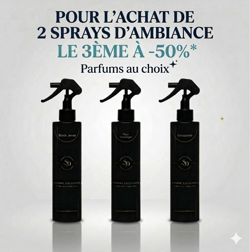 OFFRE DE PRINTEMPS : pour l'achat de 2 SPRAYS D'AMBIANCE, <p><u>le 3ème à -50%</p></u>