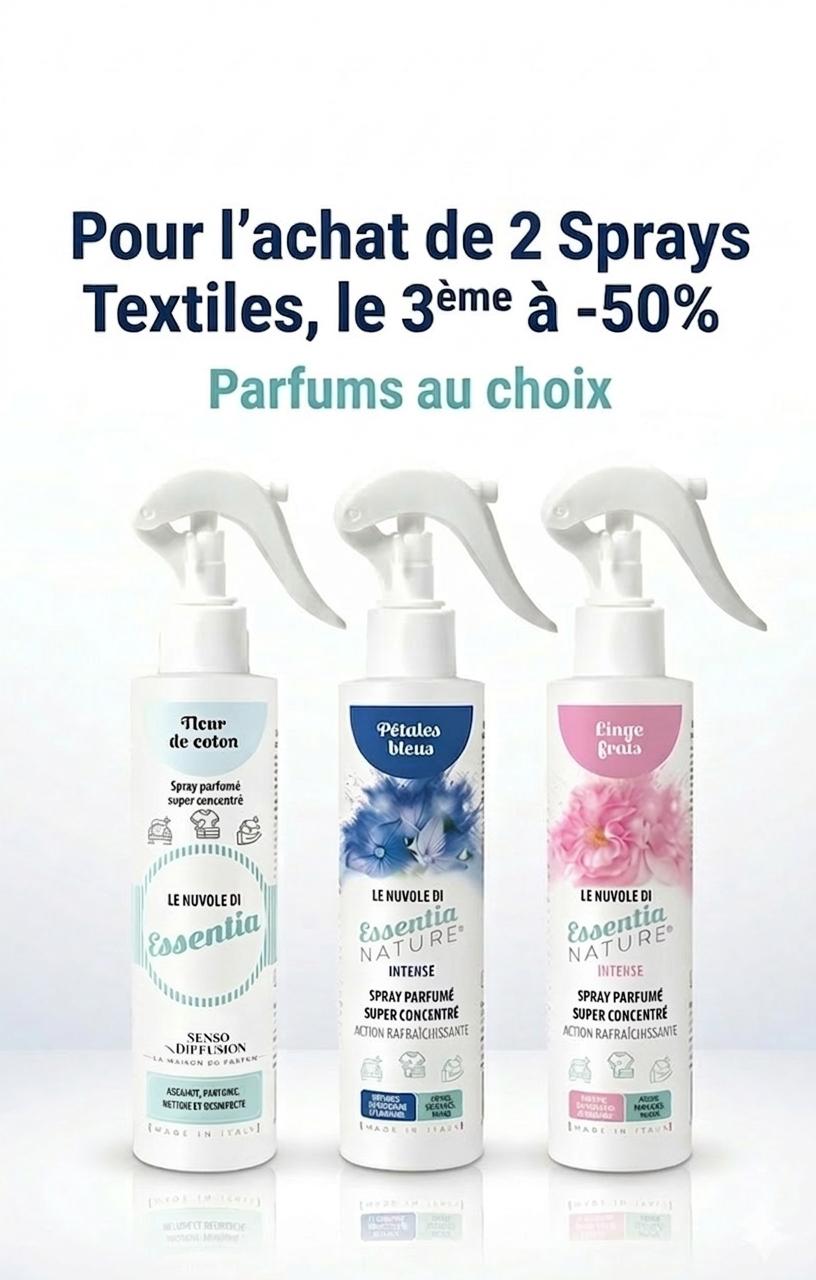 OFFRE DE PRINTEMPS : pour l'achat de 2 SPRAYS TEXTILES, <p><u>le 3ème à -50%</p></u>